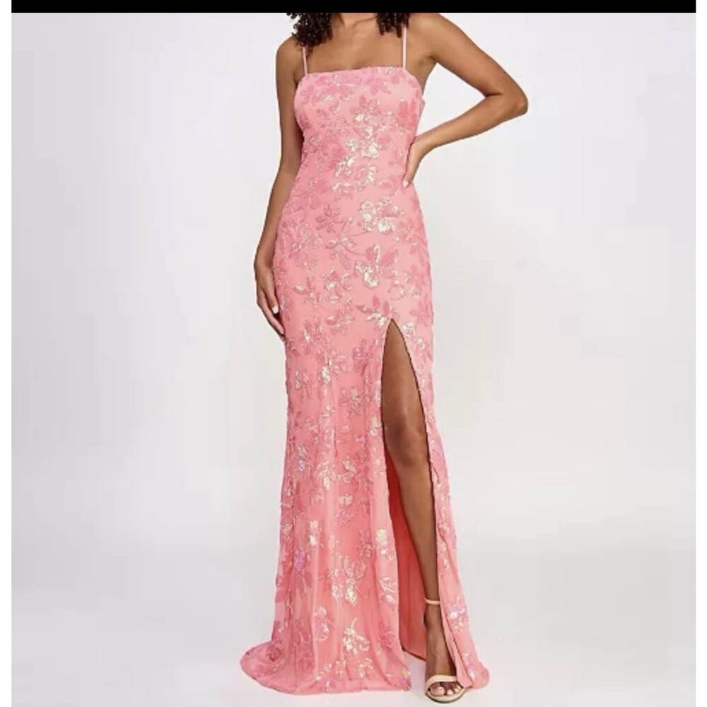 NWT Emerald Sundae Pink Floral Sequin Mesh Long Gown Dress Straps Size L New